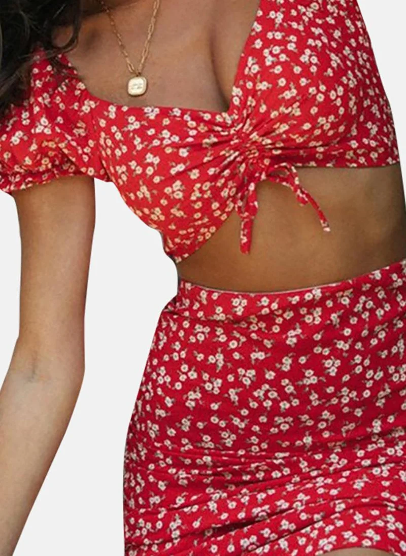 يونيكي Red Printed Pure Cotton Crop Top With Skirt