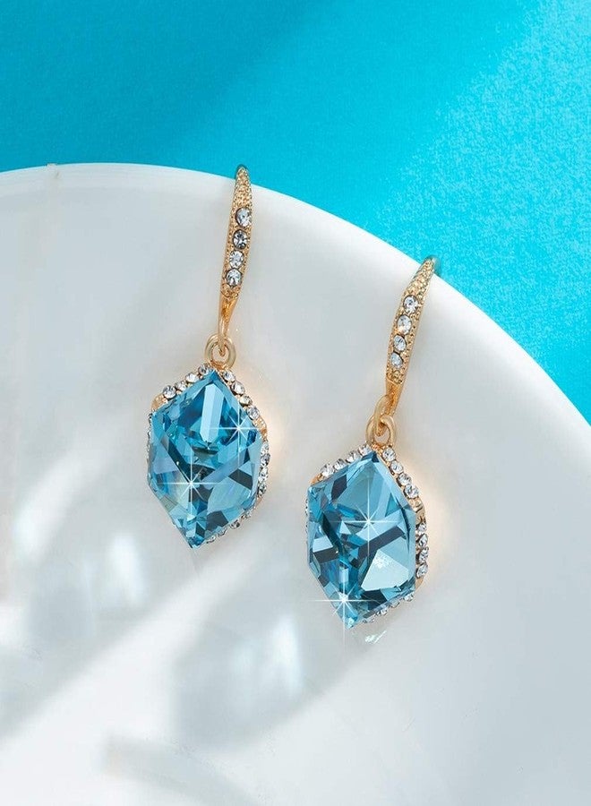 EVEVIC Austrian Crystal Cube Drop Dangle Earrings for Women 14K Gold Plated Hypoallergenic Jewelry (Aquamarine) - Image 5