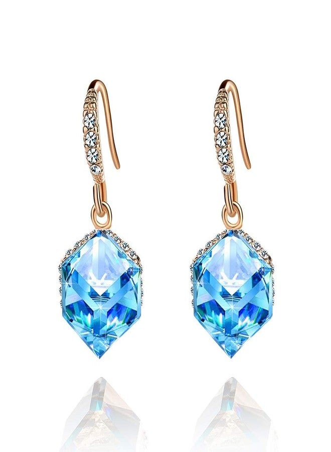 EVEVIC Austrian Crystal Cube Drop Dangle Earrings for Women 14K Gold Plated Hypoallergenic Jewelry (Aquamarine) - Image 1