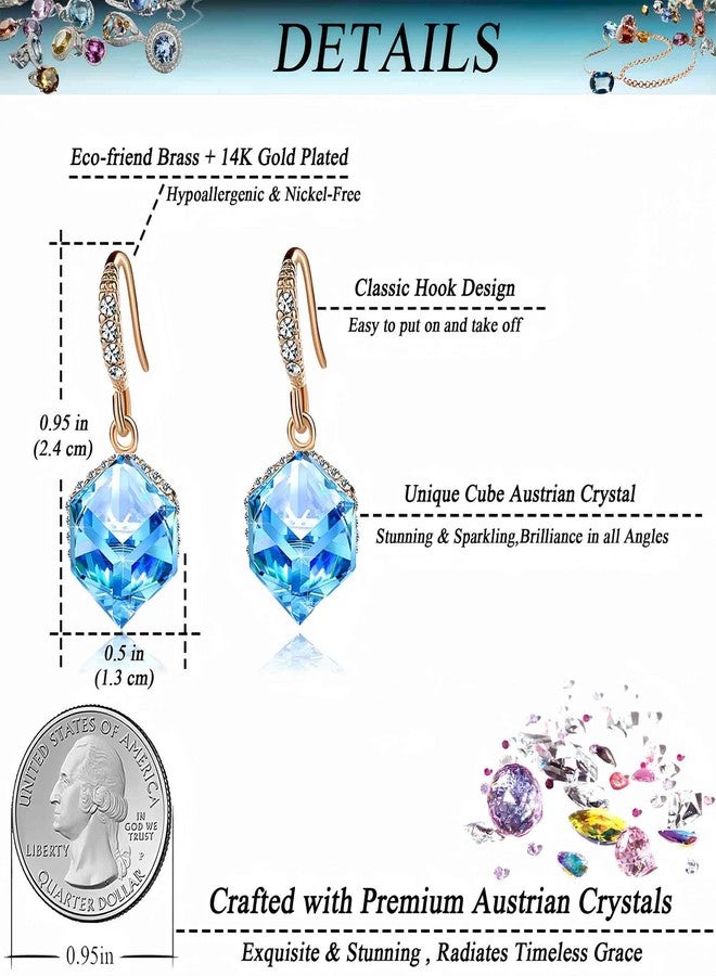 EVEVIC Austrian Crystal Cube Drop Dangle Earrings for Women 14K Gold Plated Hypoallergenic Jewelry (Aquamarine) - Image 4