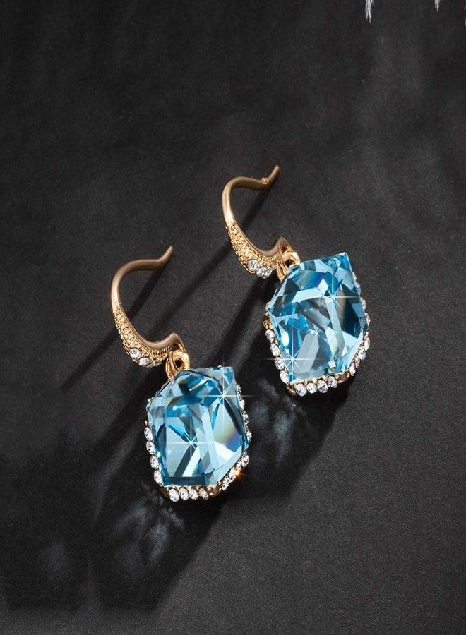 EVEVIC Austrian Crystal Cube Drop Dangle Earrings for Women 14K Gold Plated Hypoallergenic Jewelry (Aquamarine) - Image 3