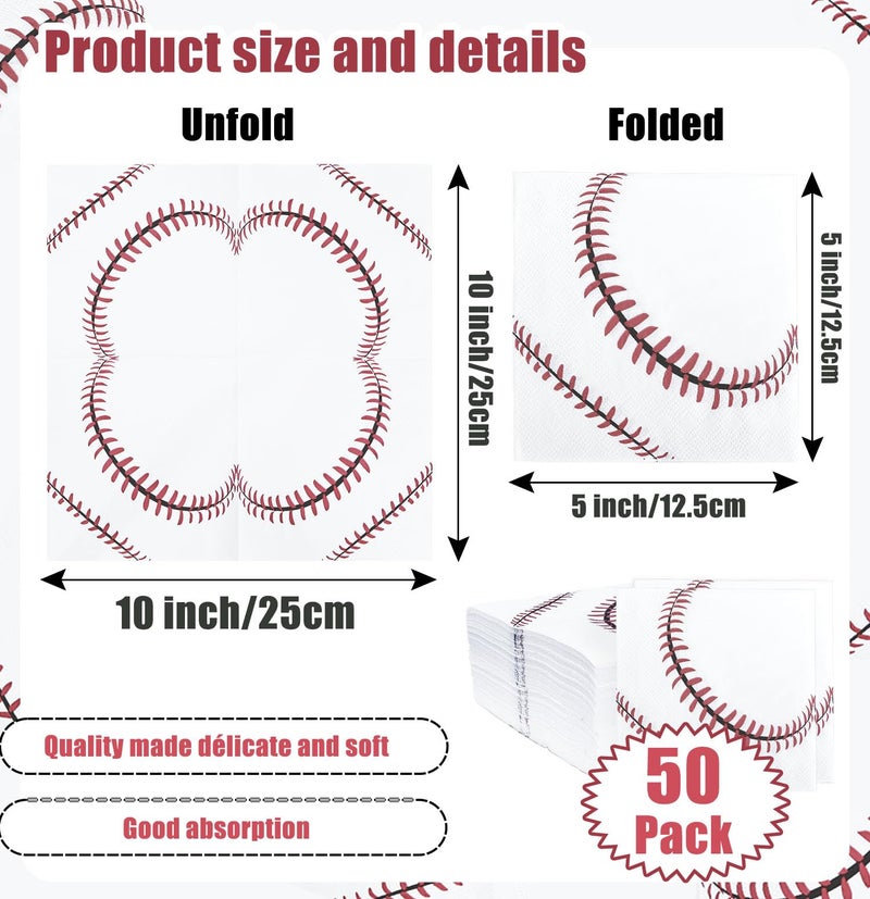 SietDESEO 50 Pieces 3-ply Baseball Napkins Disposable Folded 5 x 5 Inches Cocktail Napkins Paper Napkins for Dinner Baseball Theme Birthday Party Dessert Napkins - Image 2