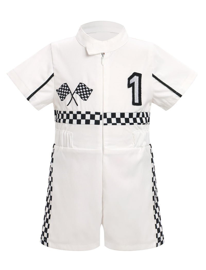 Baby Boy Race Car Driver Outfit 1st Birthday Party Fast One Birthday Outfit Kids Race Car Driver Romper Girls Boys Racer Jumpsuit Toddler Speed Racing Suit Cake Smash Photo Shoot Dress Up White1Y