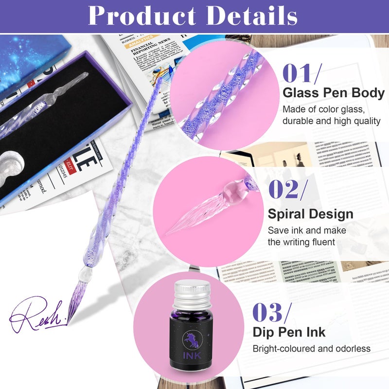 Luxiv Glass Ink Pen Set, Glass Dip Pen with Fluorescent Ink and Pen Holder Art Crystal Glass Pens for Signatures, Business Christmas Gift Glass Ink Pens (Basic, Purple) - Image 3