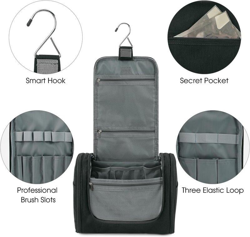 WANDF Large Hanging Toiletry Bag Travel Cosmetic Makeup Organizer Water-Resistant Shower Bathroom Bag for Women and Men (Black) - Image 3