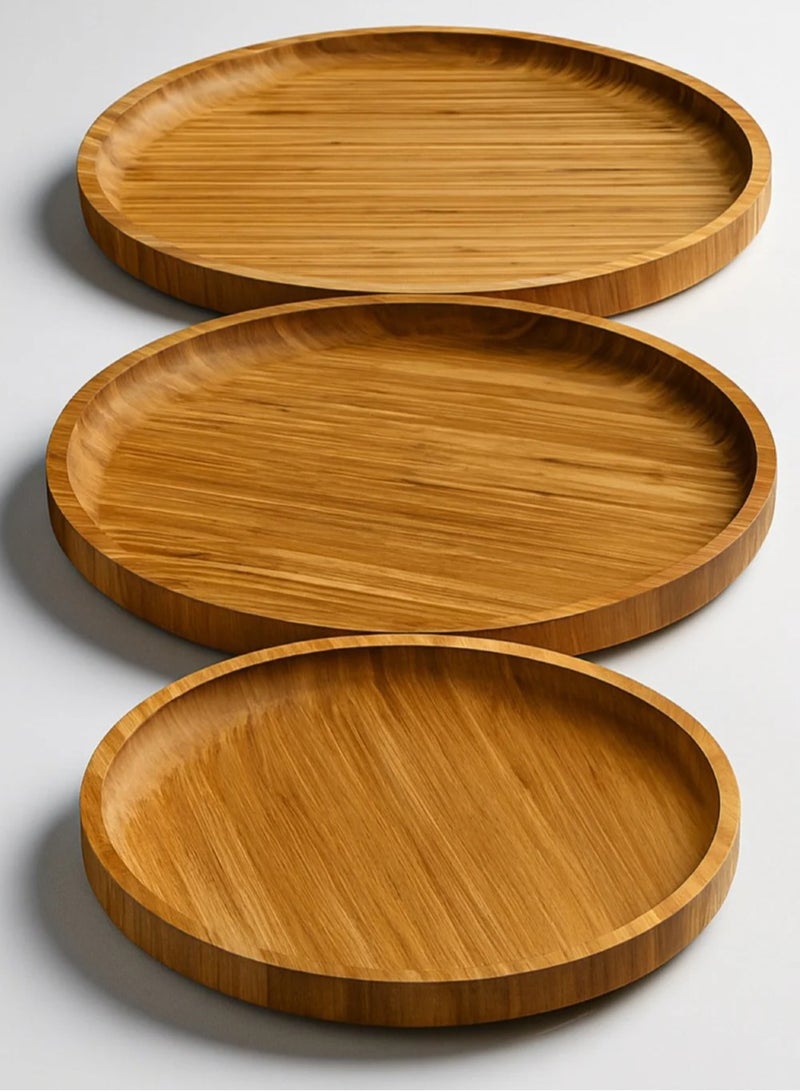 طقم صينية تقديم شاي يدوي من 3 قطع، صينية تقديم خشبية صلبة، صواني تقديم زخرفية غير قابلة للانزلاق للشاي والقهوة والوجبات الخفيفة وبيتزا الطعام مع حواف مرتفعة للاستخدام في المنزل والمطبخ والمطعم - Image 3