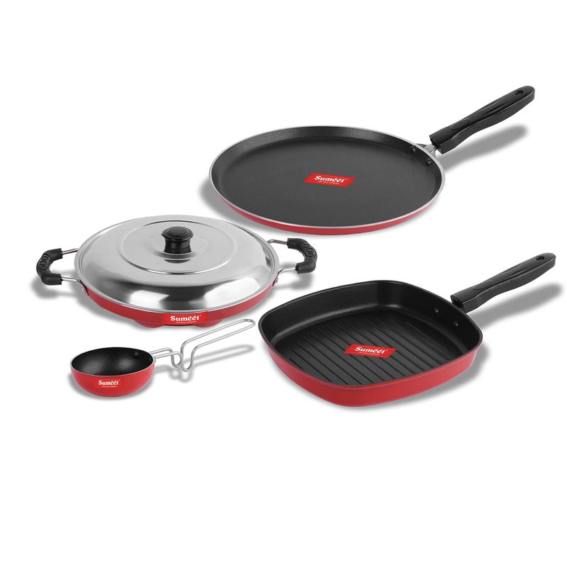 Sumeet 2.6mm Thick Non-Stick Marpo Cookware set (Dosa Tawa - 26.5cm Dia + Grill Appam Patra with Lid - 23cm Dia + Grill Appam Patra with Lid - 23cm Dia + Tadka Pan - 10cm Dia) - Image 1