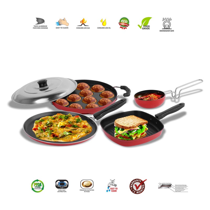 Sumeet 2.6mm Thick Non-Stick Marpo Cookware set (Dosa Tawa - 26.5cm Dia + Grill Appam Patra with Lid - 23cm Dia + Grill Appam Patra with Lid - 23cm Dia + Tadka Pan - 10cm Dia) - Image 2
