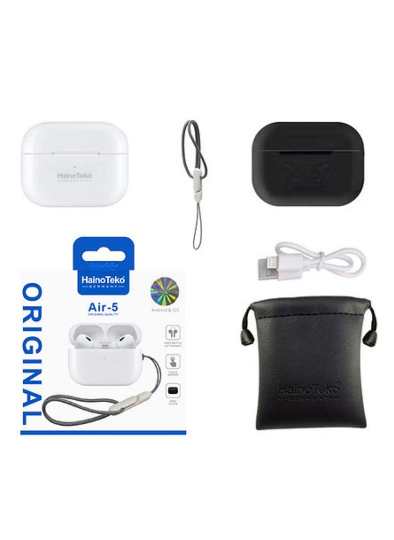 Haino Teko Air 5 True Wireless Stereo Earbuds with Multi Functional Touch Control HD Clear Microphone High Bass Sound Quality and Charging Case for Android mobiles and Tablets White