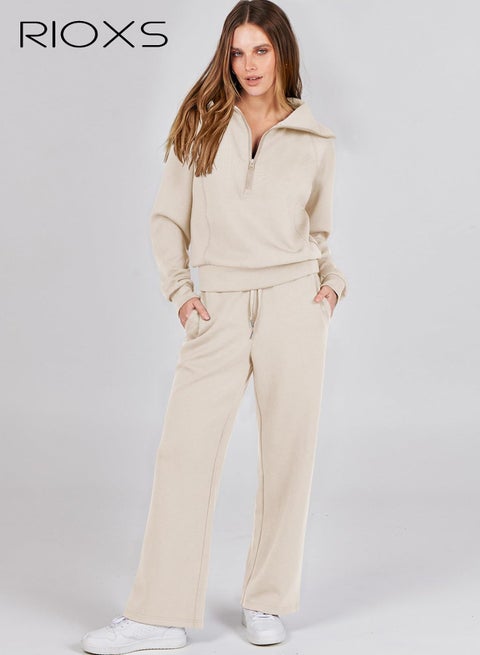 Women's 2 Piece Tracksuit Sets, Fall Lounge Outfits, Casual Lapel Long Sleeve Half Zip Sweatshirt and Loose Wide Leg Drawstring Sweatpants with Pockets,  Spring Winter Tracksuit for Travel Jogging Workout, Apricot