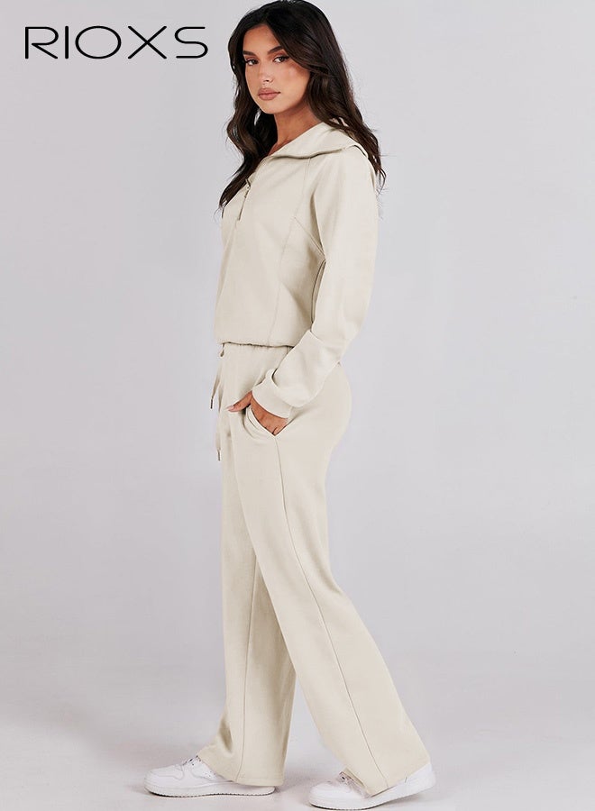 RIOXS Women's 2 Piece Tracksuit Sets, Fall Lounge Outfits, Casual Lapel Long Sleeve Half Zip Sweatshirt and Loose Wide Leg Drawstring Sweatpants with Pockets,  Spring Winter Tracksuit for Travel Jogging Workout, Apricot - Image 2