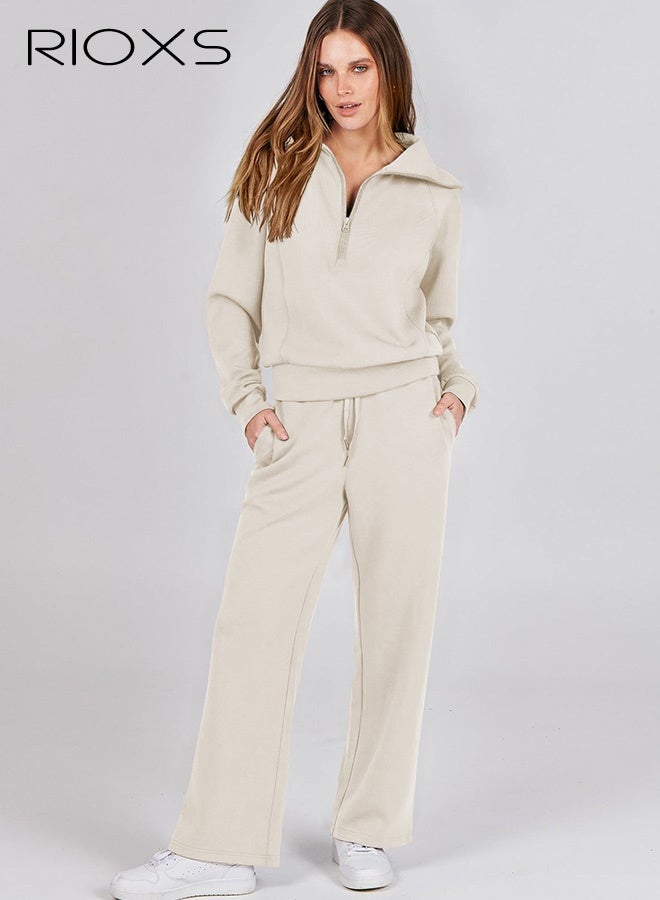 RIOXS Women's 2 Piece Tracksuit Sets, Fall Lounge Outfits, Casual Lapel Long Sleeve Half Zip Sweatshirt and Loose Wide Leg Drawstring Sweatpants with Pockets,  Spring Winter Tracksuit for Travel Jogging Workout, Apricot - Image 1