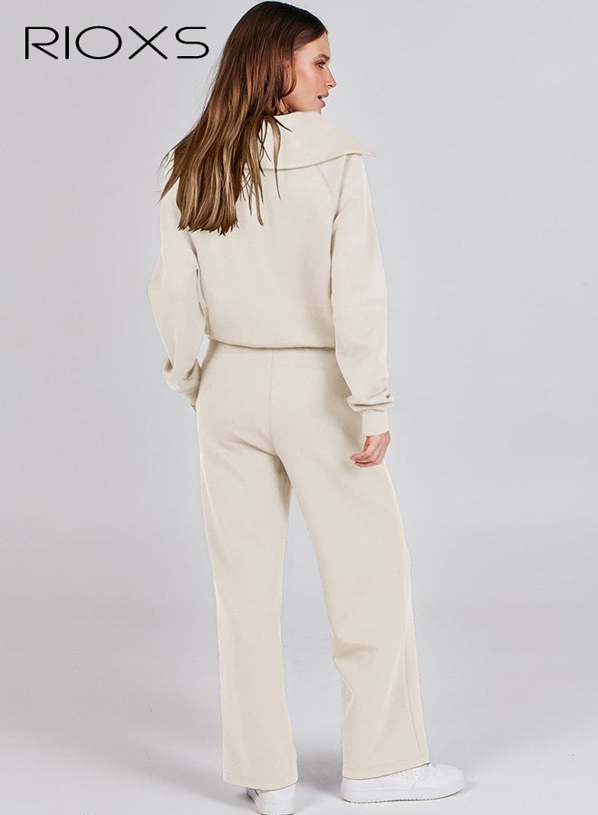 RIOXS Women's 2 Piece Tracksuit Sets, Fall Lounge Outfits, Casual Lapel Long Sleeve Half Zip Sweatshirt and Loose Wide Leg Drawstring Sweatpants with Pockets,  Spring Winter Tracksuit for Travel Jogging Workout, Apricot - Image 3