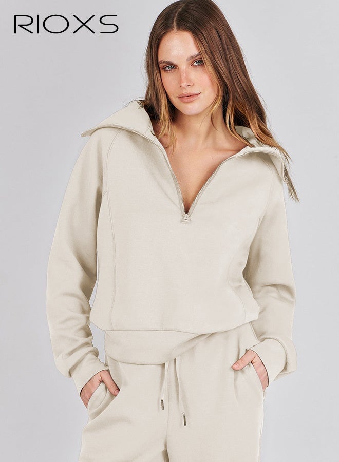 RIOXS Women's 2 Piece Tracksuit Sets, Fall Lounge Outfits, Casual Lapel Long Sleeve Half Zip Sweatshirt and Loose Wide Leg Drawstring Sweatpants with Pockets,  Spring Winter Tracksuit for Travel Jogging Workout, Apricot - Image 4