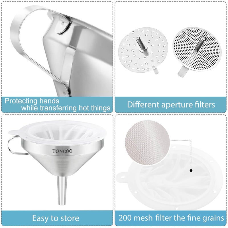 Toncoo 3 Pack Stainless Steel Funnels for Kitchen Use, Food Grade Cooking Funnel with 3 Strainer, Kitchen Funnel Set Metal Funnels for Filling Bottles - Image 5