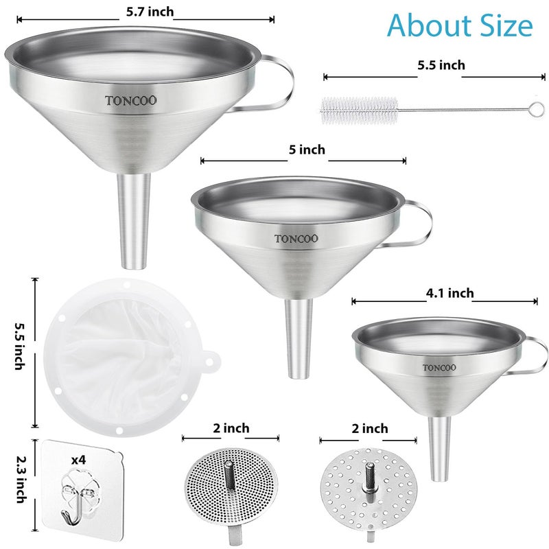 Toncoo 3 Pack Stainless Steel Funnels for Kitchen Use, Food Grade Cooking Funnel with 3 Strainer, Kitchen Funnel Set Metal Funnels for Filling Bottles - Image 2