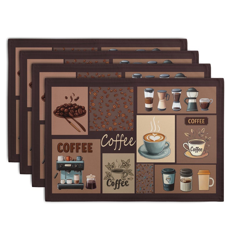 Wnoesat Coffee Theme Placemats Set of 4 Farmhouse Style Brown Linen Fabric Table Mat 12x18 Inch Washable Heat Resistant Non-Slip Place Mats for Home Party Kitchen Dining Decor - Image 1