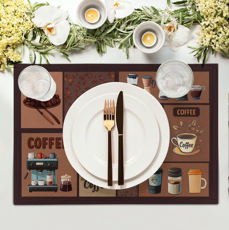 Wnoesat Coffee Theme Placemats Set of 4 Farmhouse Style Brown Linen Fabric Table Mat 12x18 Inch Washable Heat Resistant Non-Slip Place Mats for Home Party Kitchen Dining Decor - Image 3