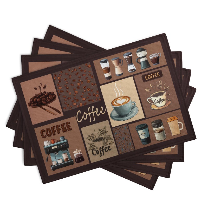 Wnoesat Coffee Theme Placemats Set of 4 Farmhouse Style Brown Linen Fabric Table Mat 12x18 Inch Washable Heat Resistant Non-Slip Place Mats for Home Party Kitchen Dining Decor - Image 2