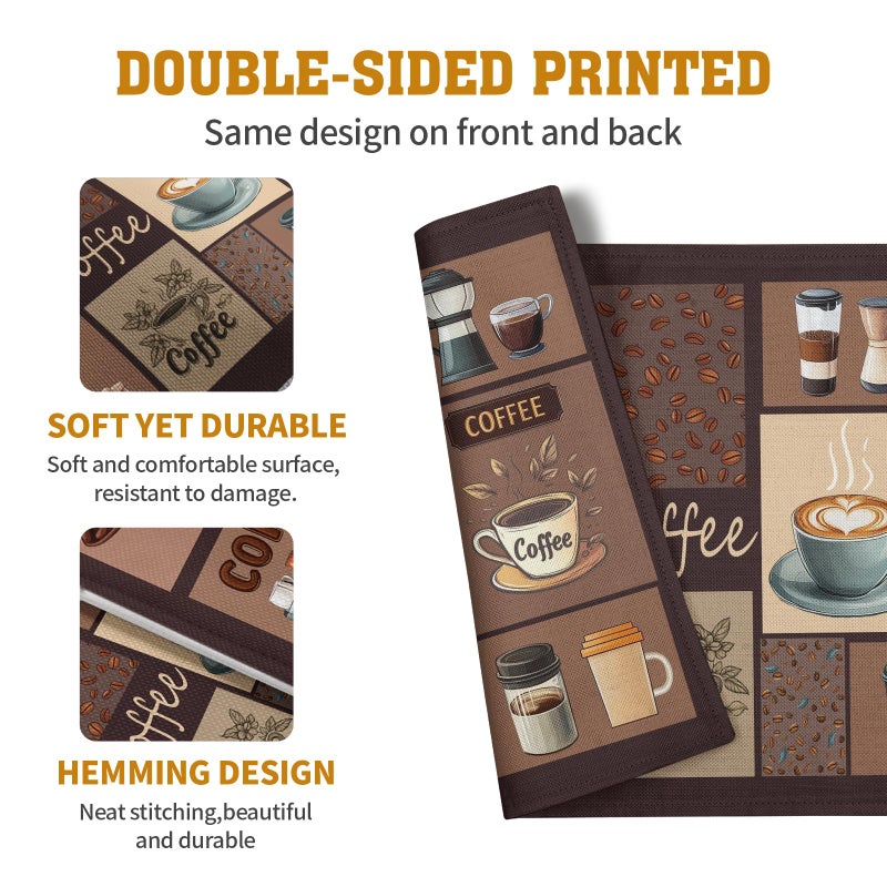 Wnoesat Coffee Theme Placemats Set of 4 Farmhouse Style Brown Linen Fabric Table Mat 12x18 Inch Washable Heat Resistant Non-Slip Place Mats for Home Party Kitchen Dining Decor - Image 5