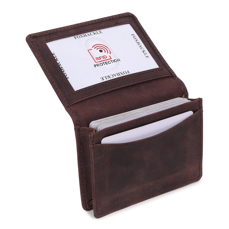 FOXHACKLE Full Grain Leather Credit Card Holder For Men and Women Small RFID Blocking Bifold Wallet With ID Slot Hunter Coffee Brown - Image 2