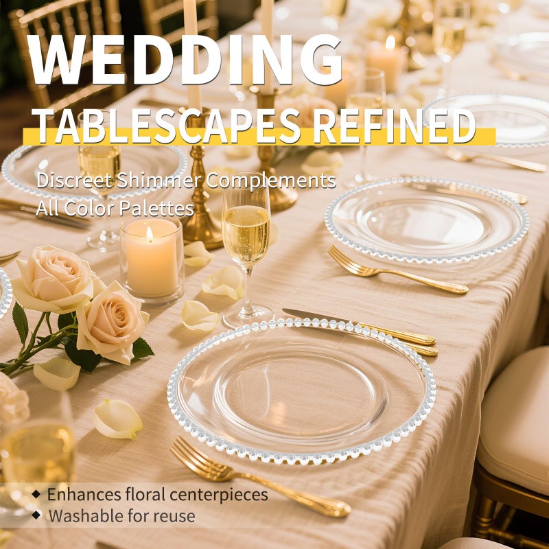 Tomeurperf 10Pcs Silver Rim Clear Charger Plates Bulk Wedding - 13" Premium Clear Plastic Chargers with Silver Beaded Rimï¼ŒDecorative Dinner Charger Plates for Events & Parties - Image 4