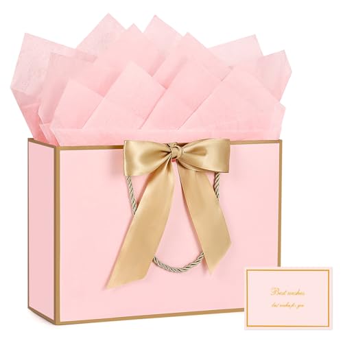 JMANNI Pink Gift Bags with Handles Valentines Gift Bags with Tissue Paper 1PCS Gift Bags with Ribbon and 1 Cards 2 Tissue Paper for Valentines Day Baby Shower Birthday Party Wedding Mothers Day - Image 2