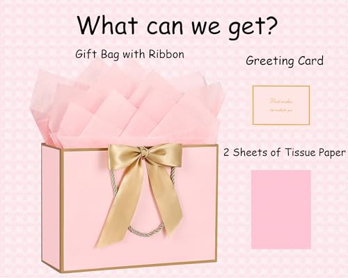 JMANNI Pink Gift Bags with Handles Valentines Gift Bags with Tissue Paper 1PCS Gift Bags with Ribbon and 1 Cards 2 Tissue Paper for Valentines Day Baby Shower Birthday Party Wedding Mothers Day - Image 5