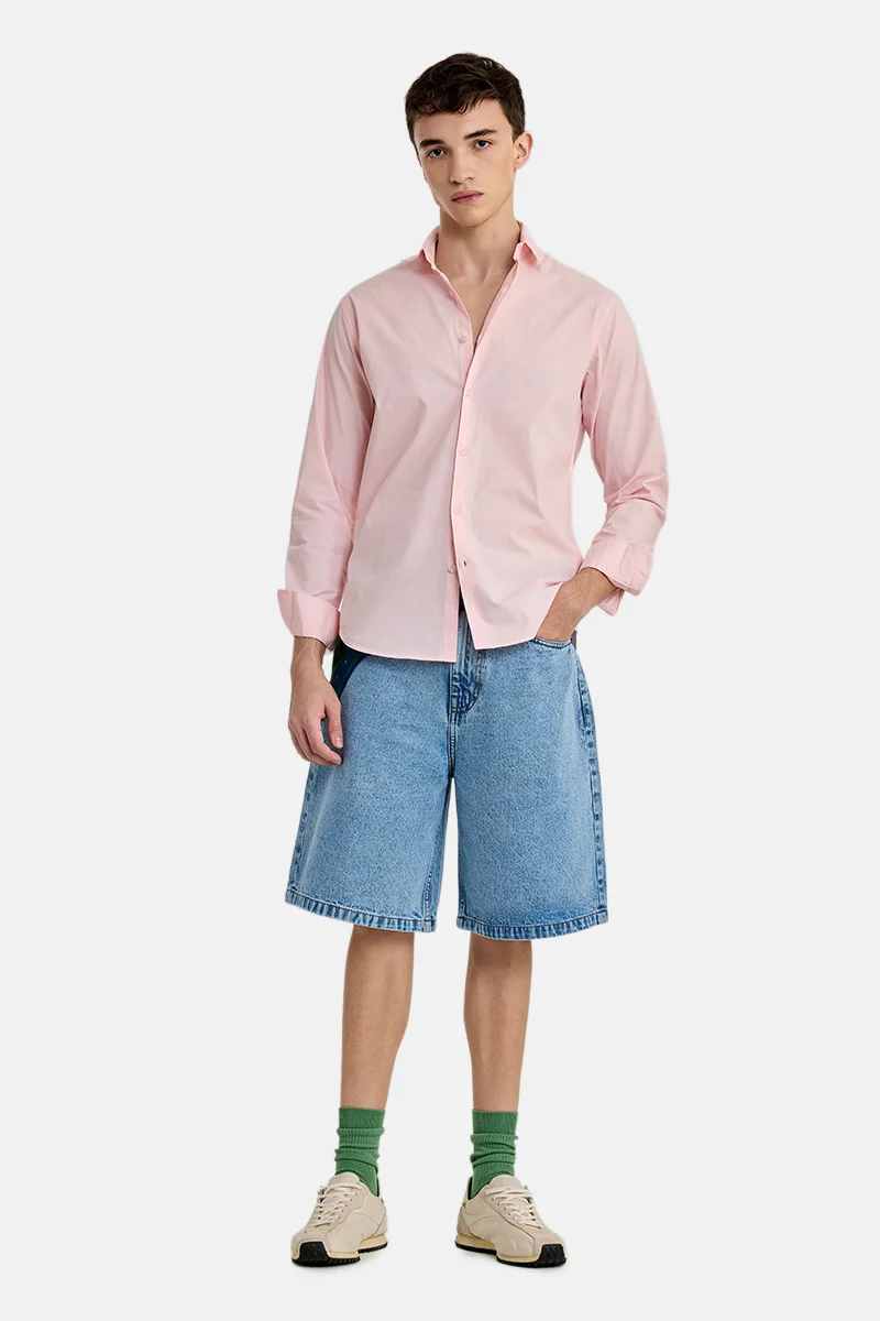 SNITCH Light Pink Solid Long Sleeve Slim Fit Casual Shirt