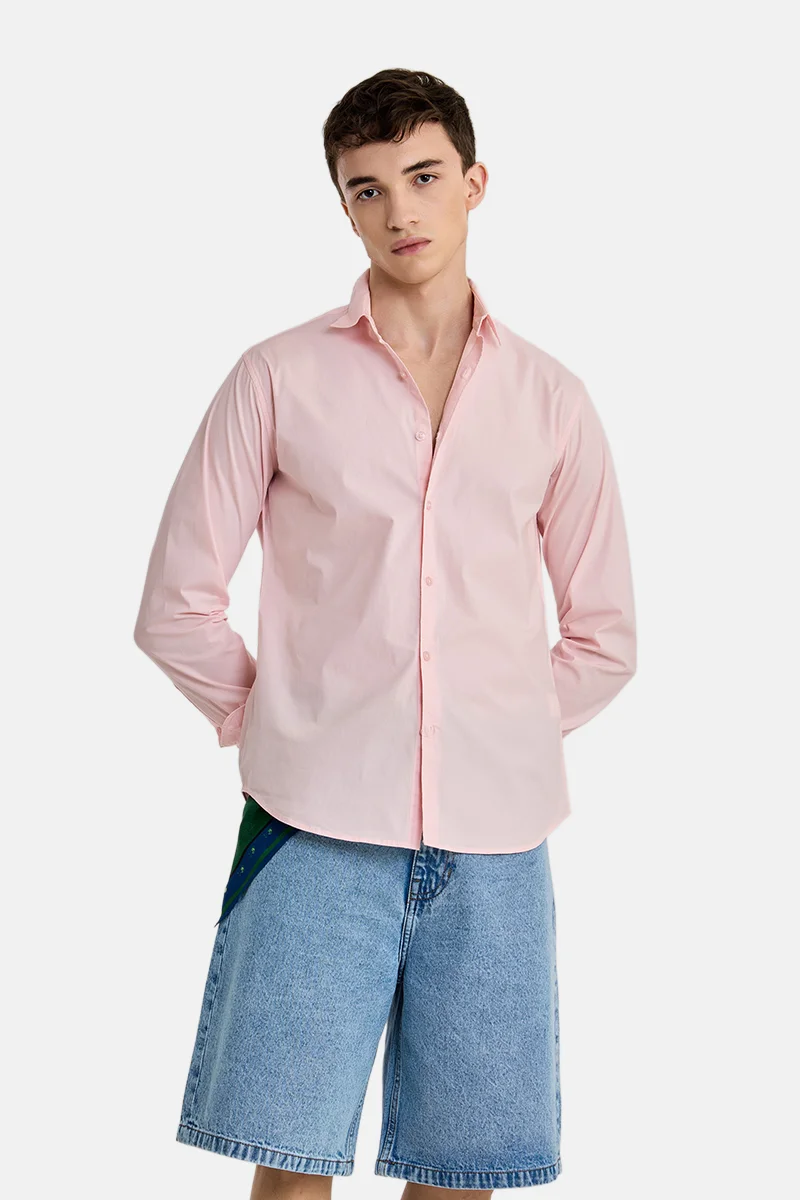 SNITCH Light Pink Solid Long Sleeve Slim Fit Casual Shirt