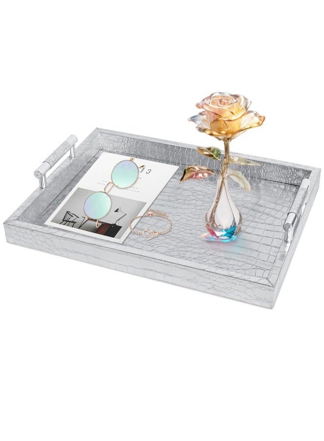 SXNOWS 16"x12" Rectangle Classic Faux Leather Decorative Tray (Silver) - Image 1