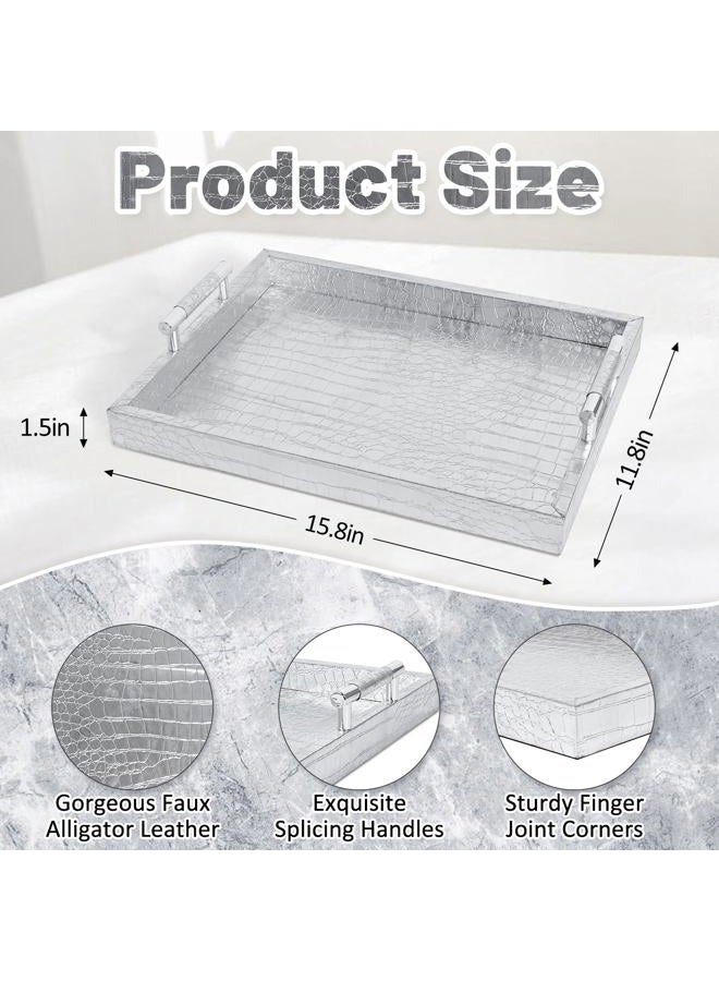 SXNOWS 16"x12" Rectangle Classic Faux Leather Decorative Tray (Silver) - Image 3