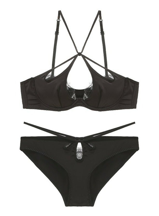 Loquat Solid Color Thin Cup Cross Strap Bra And Panty Set Black 