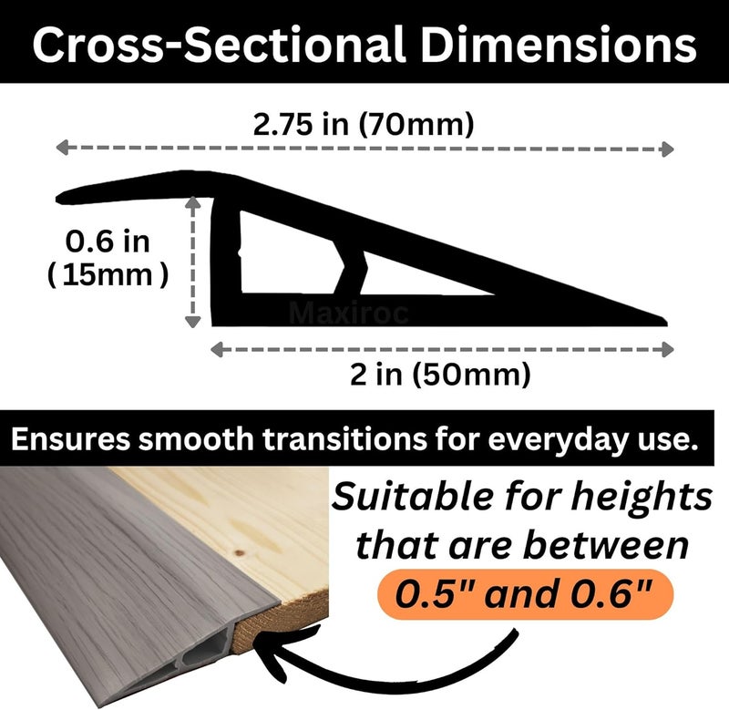 Maxiroc 1/2" to 3/5" Height Threshold Ramp - Rubber Threshold, Floor Transition Strip, Door Strip, Wheelchair Ramp, Carpet to Tile Strip (Gray Oak Ash, 40 inches) - Image 2