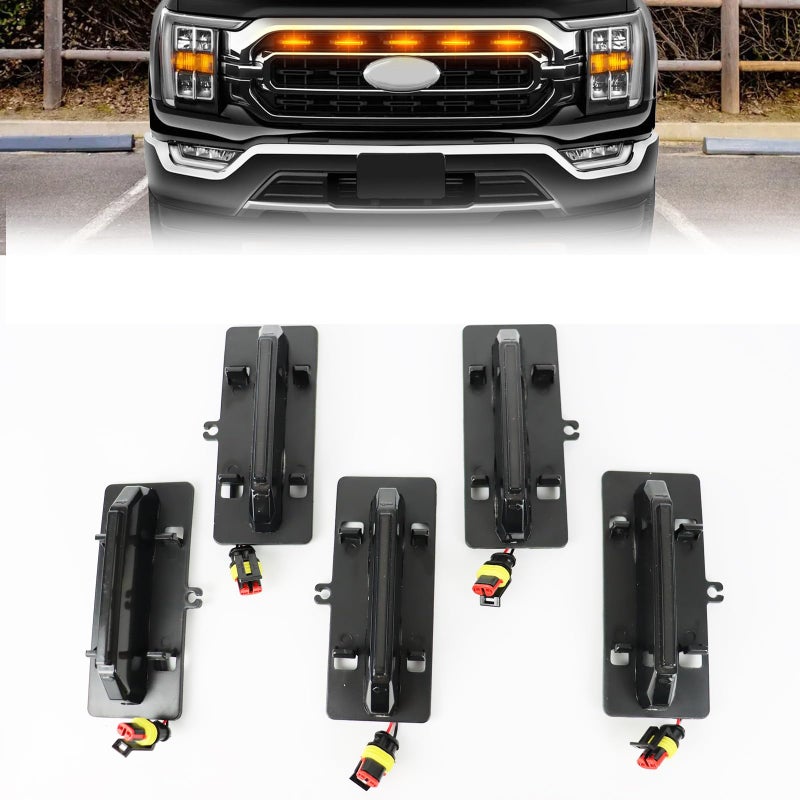 GEEGEETOP Full LED Centra Grille Lights LED Amber Front Grille Makers Lights for Ford F150 F1502021 2022 2023 F150 XLXLTXLT Sport Wiring Harness5 PCS - Image 2