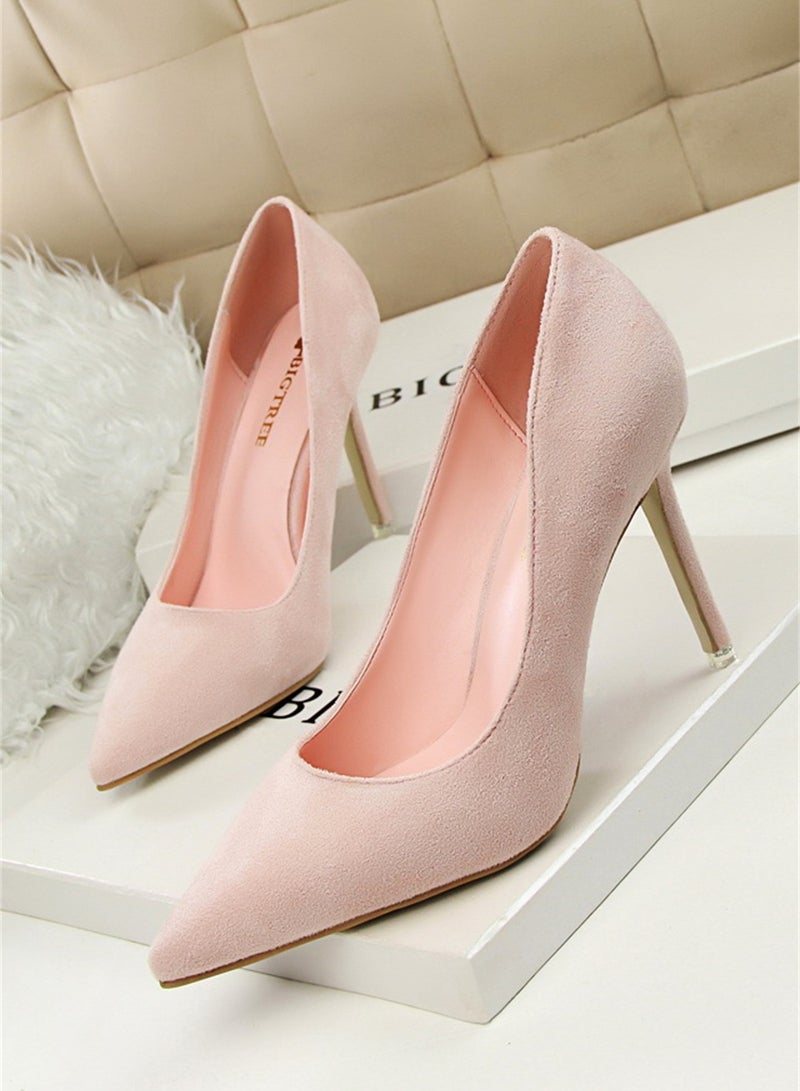 BIGTREE 9cm Korean Version Of Fashion Simple Slim Heel High Heel Shallow Mouth Pointed Suede Slim Heels Pink - Image 1