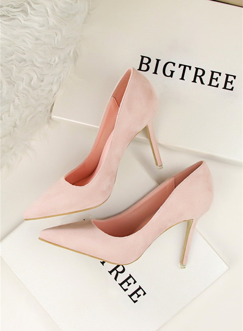 BIGTREE 9cm Korean Version Of Fashion Simple Slim Heel High Heel Shallow Mouth Pointed Suede Slim Heels Pink - Image 2