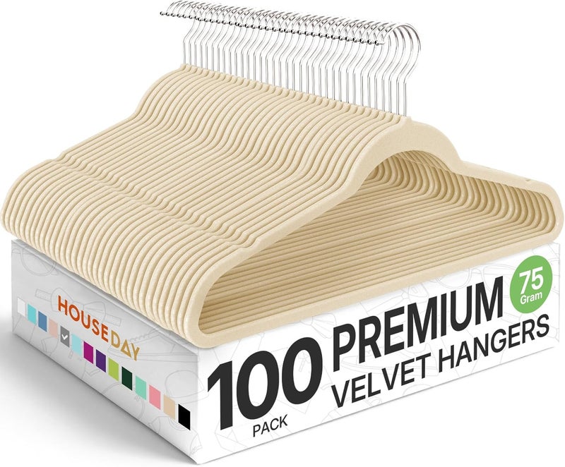 HOUSE DAY Premium Velvet Hangers 100 Pack Beige, Non-Slip Flocked Felt Hangers, Sturdy Clothes Hanger with 360° Rotatable Hook, Heavy Duty Durable Slim Coat Hanger for Closet Space Saving - Image 1