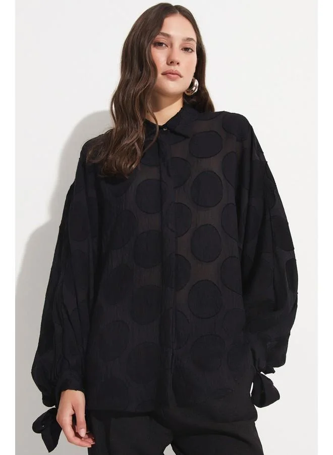 JUNE June Women Exclusive Oversize/Loose Fit Linen Blend Polka Dot Fited Shirt Black