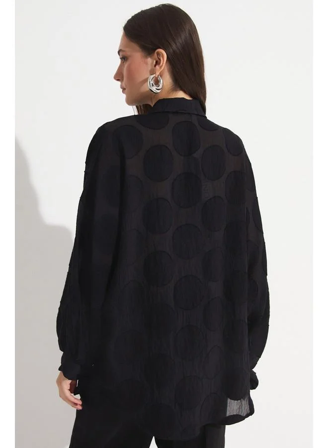 JUNE June Women Exclusive Oversize/Loose Fit Linen Blend Polka Dot Fited Shirt Black