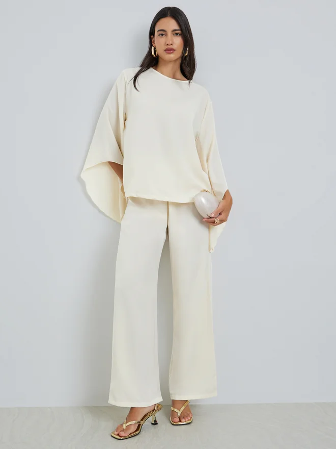 Styli Cream Flared Sleeve Top and Pants Co-Ords