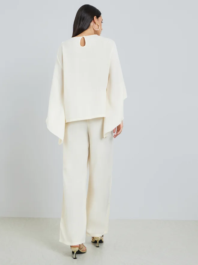 Styli  Styli Cream Flared Sleeve Top and Pants Co-Ords for Women | Best Price UAE