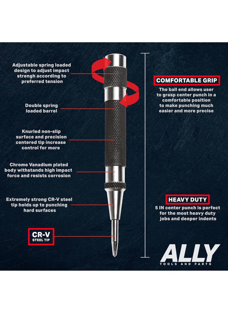 ALLY Tools and Parts ALLY Tools Heavy Duty Automatic Center Punch w/Hardened Steel – 2PC Premium Automatic Center Punch for Metal for Machinists and Carpenters w/Adjustable Knurled Cap, Spring Loaded and Hard-Shell Case  - Image 2