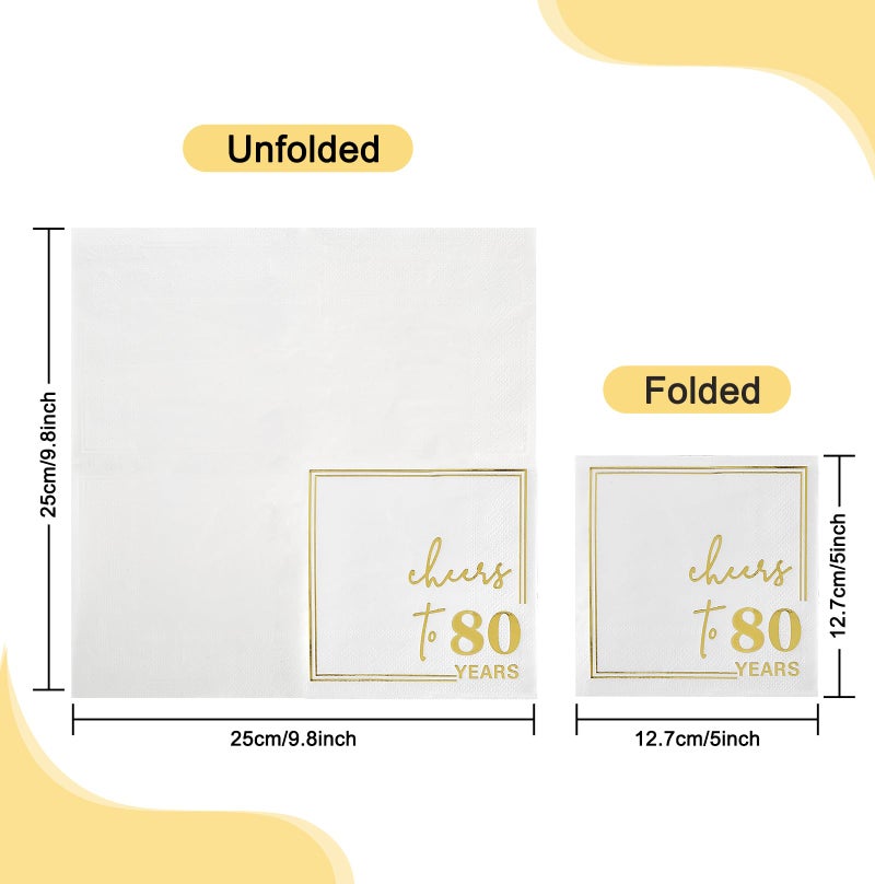 Ottin White Gold Cheers to 80 Years Cocktail Paper Napkins  5x5 Inches  50 Counts  3-Ply Disposable Party Napkins for 80th Birthdays Decorations  Anniversaries  Weddings  Indoor & Outdoor Celebrations - Image 1