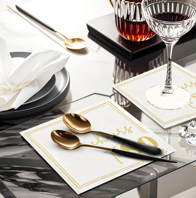 Ottin White Gold Cheers to 80 Years Cocktail Paper Napkins  5x5 Inches  50 Counts  3-Ply Disposable Party Napkins for 80th Birthdays Decorations  Anniversaries  Weddings  Indoor & Outdoor Celebrations - Image 3