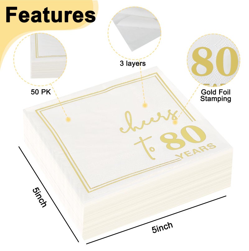 Ottin White Gold Cheers to 80 Years Cocktail Paper Napkins  5x5 Inches  50 Counts  3-Ply Disposable Party Napkins for 80th Birthdays Decorations  Anniversaries  Weddings  Indoor & Outdoor Celebrations - Image 2