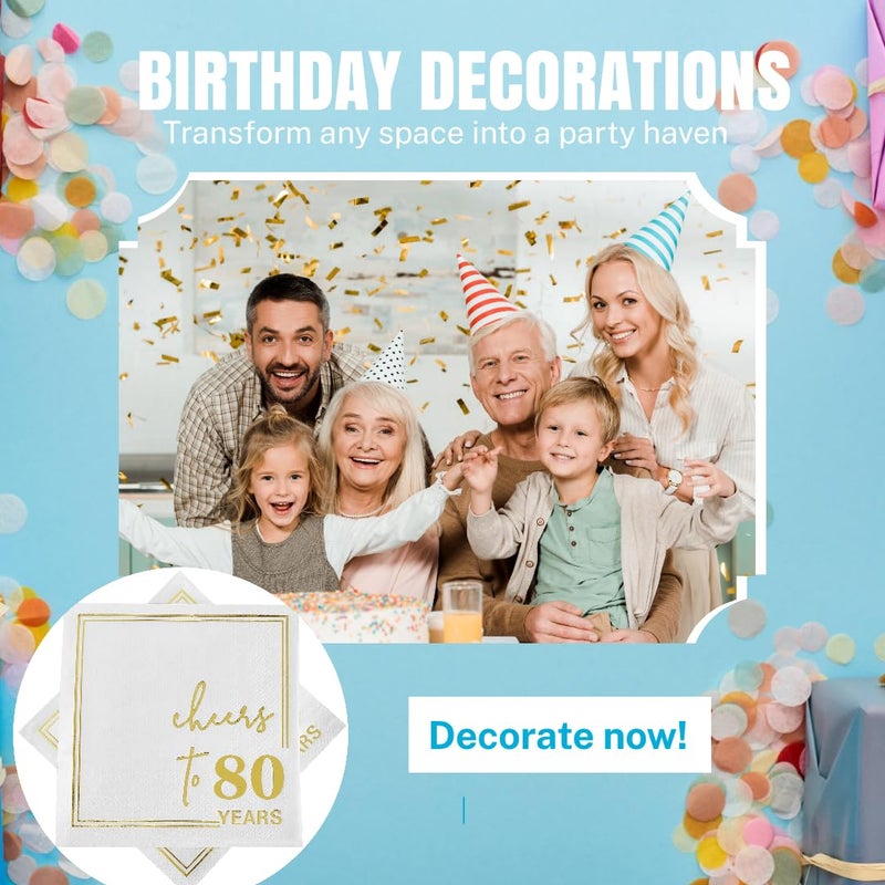 Ottin White Gold Cheers to 80 Years Cocktail Paper Napkins  5x5 Inches  50 Counts  3-Ply Disposable Party Napkins for 80th Birthdays Decorations  Anniversaries  Weddings  Indoor & Outdoor Celebrations - Image 4