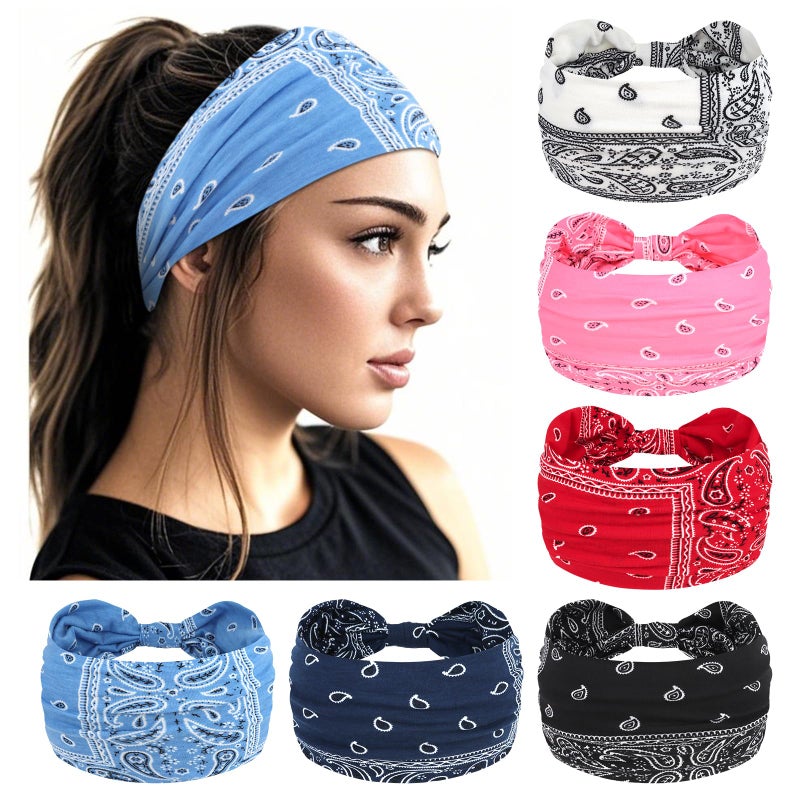 YARIEW YARIEW Boho Wide Bandana Headbands  Stretch Knotted Elastic Head Wraps for Women Yoga Workout and Hair Accessories 6 Pack