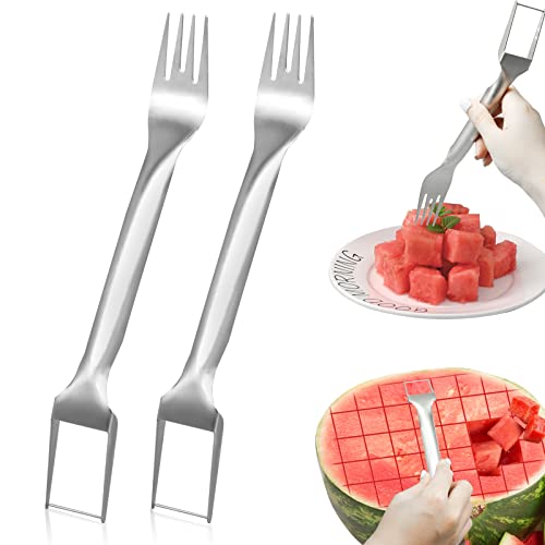 CANIPHA 2Pcs Watermelon Fork Slicer Cutter, Stainless Steel 2-in-1 Watermelon Fork Slicer, Portable Watermelon Fork Watermelon Cutter Slicer Tool Fruit Forks Slicer for Home Party Camping Kitchen Gadget - Image 1