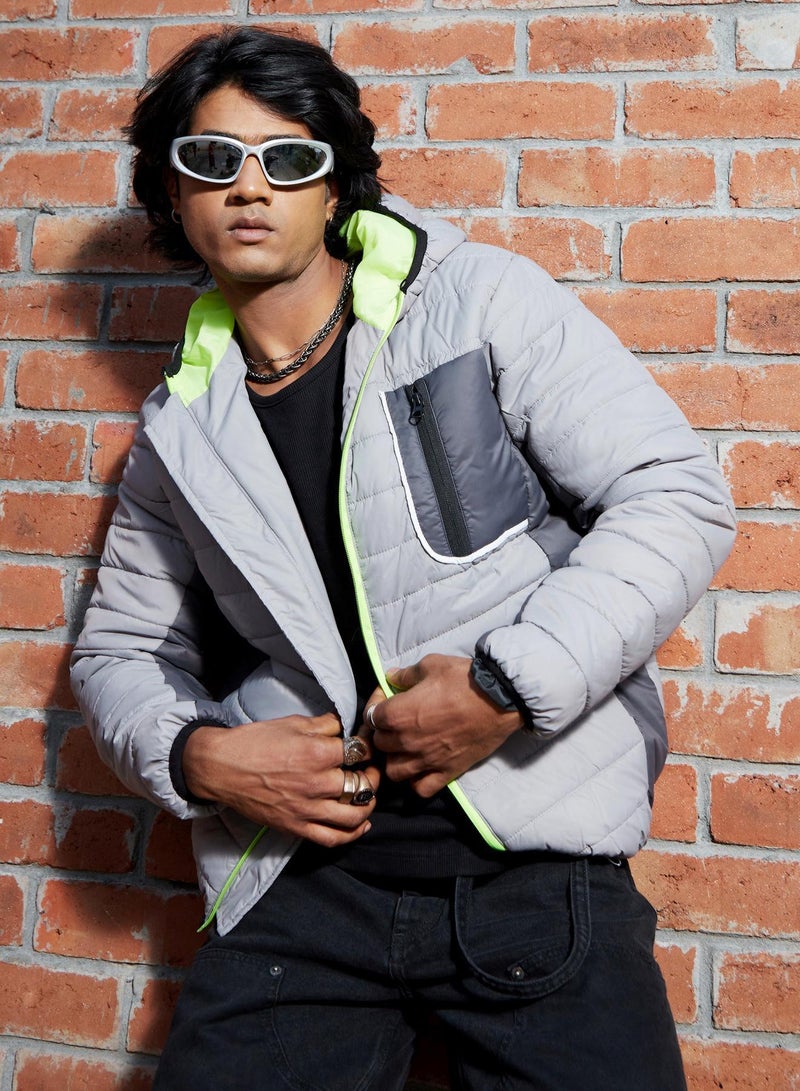 Campus Sutra Men's Light Grey Puffer Jacket With Contrast Zipper - Image 1